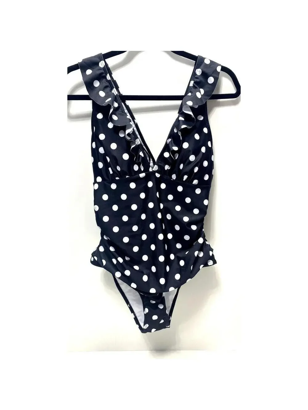NEW Large Women’s Black White Polka Dot V-Neck One Piece Bathing Suit